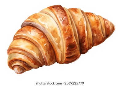 Freshly baked croissant, golden brown pastry, watercolor illustration, delicious breakfast item, gourmet food art.