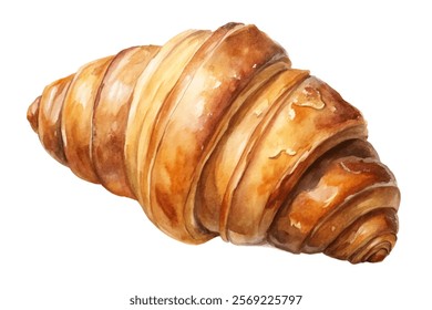 Freshly baked croissant, golden brown layers, delicious pastry, breakfast favorite, watercolor illustration, culinary art.