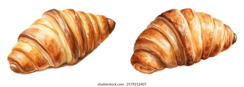 Freshly baked croissants, golden brown texture, delicious pastry, watercolor illustration, breakfast delight, gourmet food art.