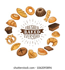 Freshly baked everyday lettering. Circle shape composition from hand drawn bread. Vector illustration for bakery shops isolated on white background. Fresh bread poster concept.