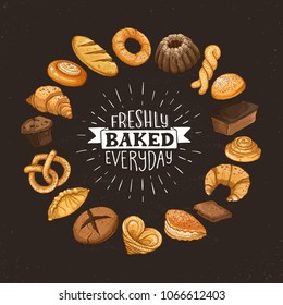 Freshly Baked Everyday Lettering. Circle Shape Composition From Hand Drawn Bread. Vector Illustration For Bakery Shops On Blackboard. Fresh Bread Poster Concept.