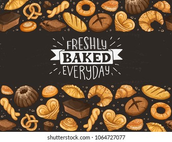 Freshly Baked everyday lettering. Horizontal border composition from hand drawn bread. Vector illustration for bakery shops isolated on white background. Fresh bread banner concept.