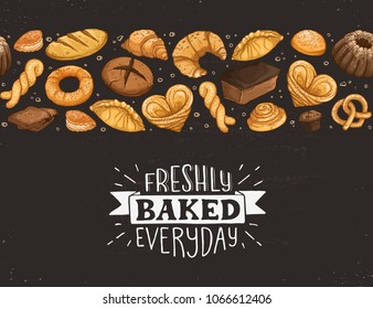 Freshly Baked everyday lettering. Horizontal border composition from hand drawn bread. Vector illustration for bakery shops isolated on white background. Fresh bread banner concept.