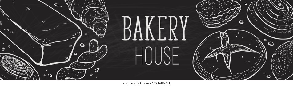 Freshly Baked everyday lettering. Horizontal border composition from hand drawn bread. Vector illustration for bakery shops on blackboard. Fresh bread banner concept.