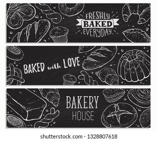 Freshly Baked everyday lettering. Horizontal poster composition from hand drawn bread. Vector illustration for bakery shops on blackboard. Fresh bread banner concept.