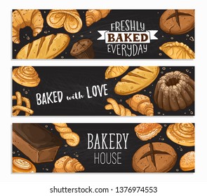 Freshly Baked everyday lettering. Horizontal poster composition from hand drawn bread. Vector illustration for bakery shops on blackboard. Fresh bread banner concept.