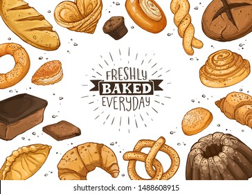 Freshly baked everyday lettering. Horizontal frame composition from hand drawn bread. Vector illustration for bakery shops. Fresh bread around text banner design.