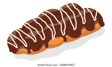 Freshly baked fluffy sweet braided bread Tsoureki with milk chocolate coating. Traditional Greek cuisine. Food vector illustration on a white background.