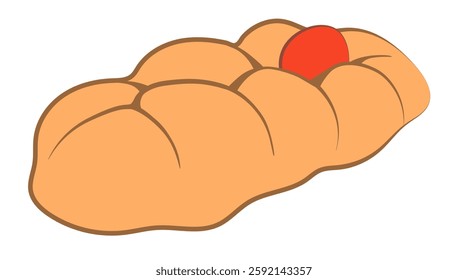 Freshly baked fluffy sweet braided bread Tsoureki with dyed red egg on a white background. Outline. Food vector illustration. Greek Easter traditions.