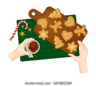 Freshly Baked Gingerbread Cookies Rested on Wooden Board and Hand Holding Coffee Cup Vector Illustration