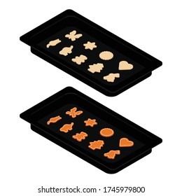 Freshly baked homemade cookies on baking tray, form. Isometric view. Vector