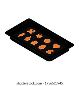 Freshly baked homemade cookies on baking tray, form. Isometric view. Vector