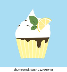Freshly baked lemon cupcake with cream and chocolate filling. Citrus muffin with mint icon on blue background. Delicious dessert icon. Homemade festive food. Cooking or baking sign. Coffee shop logo