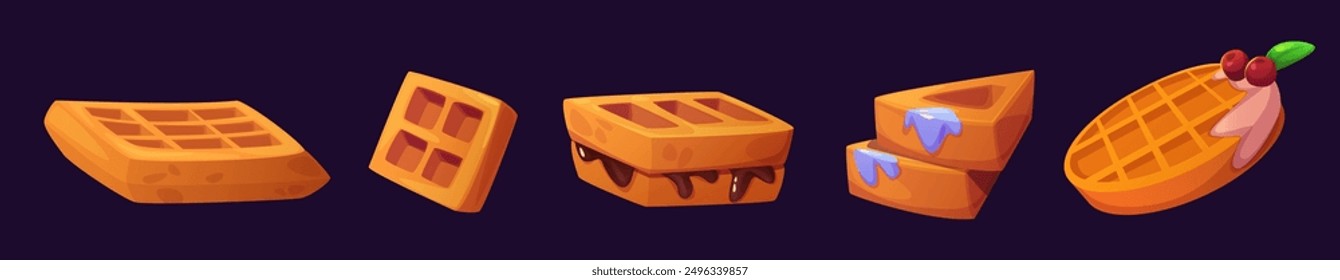 Freshly baked pancakes with sweet syrup and chocolate topping. Cartoon vector illustration set of breakfast Belgian waffle cake. Cooked healthy cereal dessert food - bakery biscuit with jam or cream.