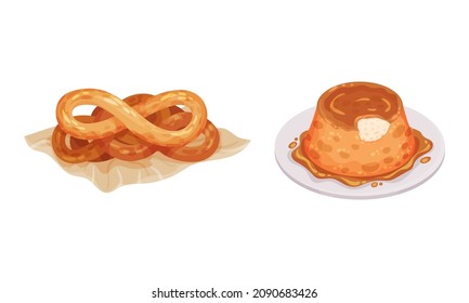 Freshly baked pastries on plates set vector illustration on white background