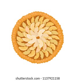 Freshly baked pie with sliced apples, top view. Delicious fruit cake. Culinary theme. Flat vector illustration