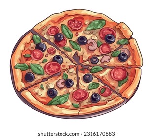 Freshly baked pizza with mozzarella and salami icon isolated