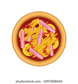 Freshly baked pizza with pineapple and ham, top view vector Illustration on a white background