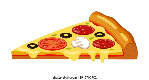 Freshly baked pizza slice isolated on white background. The melted cheese flows. Vector illustration in a simple style.