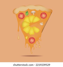 Freshly baked pizza slice with stretchy cheese. Lunch break. Vector illustration.