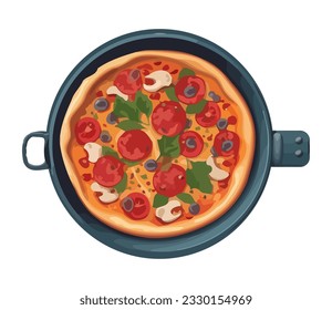 Freshly baked pizza slice, topped with pepperoni icon isolated