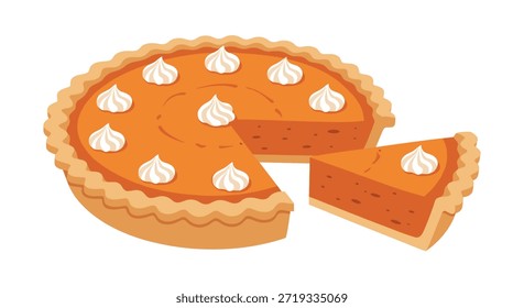 Freshly baked pumpkin pie with a slice cut out and multiple swirls of whipped cream on top for holiday celebration.