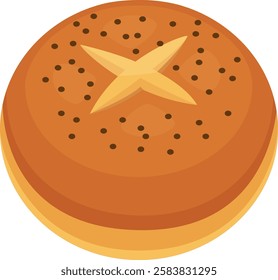 Freshly baked round bread bun is decorated with poppy seeds and a cross shaped cut, creating an appetizing presentation perfect for breakfast or snack