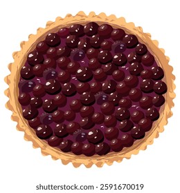 Freshly baked round cherry pie (Greek Kerasopita) or cherry tart with whole cherries on a white background. Food vector illustration.