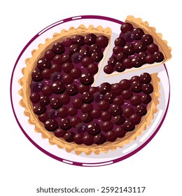 Freshly baked round cherry pie (Greek Kerasopita) or cherry tart with whole cherries on a plate with a cut piece. Food vector illustration.