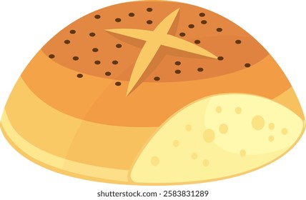 Freshly baked round loaf of bread with poppy seeds and a cross shaped cut on top, partially sliced to reveal the soft, porous interior, representing bakery, nutrition, and culinary traditions