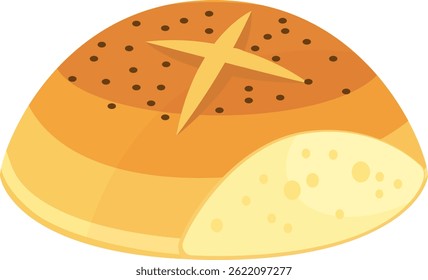 Pão redondo recém-assado com uma cruz e coberto com sementes de papoila, revelando um interior macio e arejado e uma crosta perfeitamente dourada, ideal para qualquer refeição