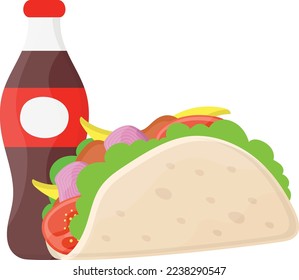 freshly baked taco with drink concept, Mexican street food antojitos vector icon design, Fast Food symbol, Junk food sign, popular inexpensive good taste snacks stock illustration 