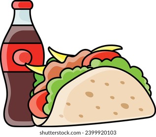 freshly baked taco with drink concept, Mexican street food antojitos vector color icon design, Fastfood symbol, Grab and go meals sign, Takeout takeaway snack stock illustration