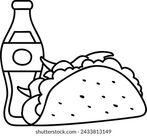 freshly baked taco with drink outline concept, Mexican street food antojitos vector design, Fast Food hand draw symbol, Junk food sign, english american cuisine stock illustration