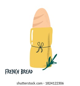 Freshly baked tasty French baguette. Hand drawn vector illustration.