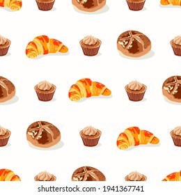 Freshly bakery products seamless pattern cartoon vector illustration
