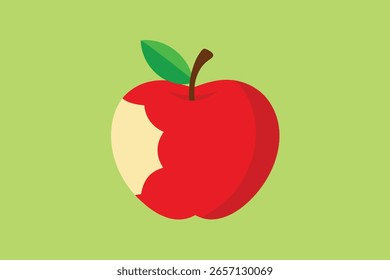 Manzana roja recién mordida con hoja y tallo sobre un fondo verde claro