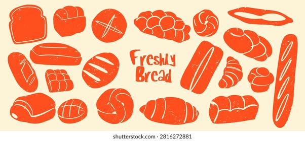 Freshly Bread typography horizontal banner vector illustration isolated on cream background. Minimalist hand drawn doodle poster design with vintage texture, featuring orange icons for baguette, croissant, toast, and sourdough. Graphic asset for bakery menu, cafe decor, and store signage.