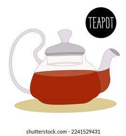 Freshly brewed black tea in transparent fashionable teapot, teapot. Kitchen utensils, dishes. For cozy tea party