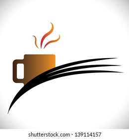 Freshly brewed coffee in a cafe or cafeteria- vector graphic. The illustration shows coffee cup icon or symbol and flowing aroma or flavors from it.