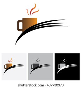 Freshly brewed coffee in a cafe or cafeteria - vector logo graphic. The illustration shows coffee cup icon or symbol and flowing aroma or flavors from it.