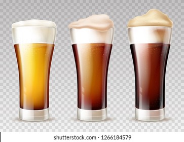 Freshly brewed, various grades of craft beer poured in glossy weizen glasses with foam pours out on top 3d realistic vector set isolated on transparent background. Beer, ale or lager types collection