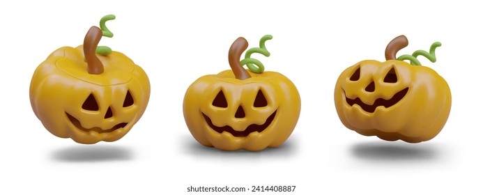 Freshly carved Jack-o-lantern pumpkin in different positions. Element decoration for Halloween. Vector illustration in 3d style with shadow and white background