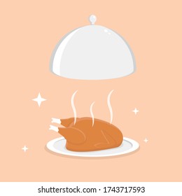 Freshly Cook Roasted Chicken with Serving Tray Vector Illustration