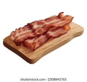 Freshly cooked bacon slice on wooden plate over white