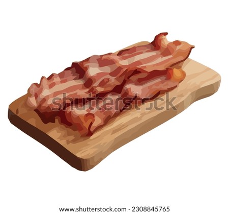 Freshly cooked bacon slice on wooden plate over white