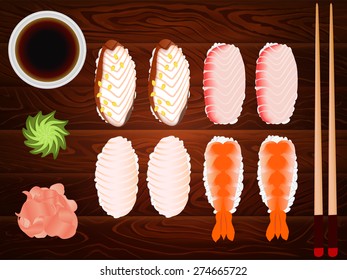 Freshly cooked japanese sashimi with soy sause ang ginger placed on wooden table. Vector image can be used for restaurant and cafe menu design, food posters, print cards and other crafts.
