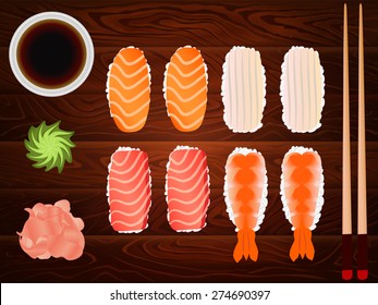 Freshly cooked japanese sashimi with soy sause ang ginger placed on wooden table. Vector image can be used for restaurant and cafe menu design, food posters, print cards and other crafts.