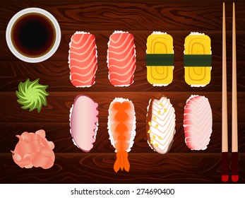 Freshly cooked japanese sashimi with soy sause ang ginger placed on wooden table. Vector image can be used for restaurant and cafe menu design, food posters, print cards and other crafts.