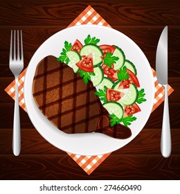 Freshly cooked meat steak with salad on plate placed on dark wooden table. Vector illustration can be used for restaurant and cafe menu or food posters design, prints or other crafts.